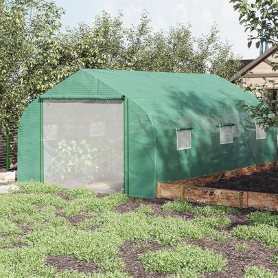 Outsunny 4.47 x 3 x 2m Walk-in Tunnel Greenhouse, Portable Polytunnel Tent, Plant Hot House with PE Cover, Zippered Roll Up Door and 6 Windows, Green