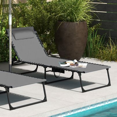 Outsunny Foldable Sun Lounger with 5 level Reclining Back, Outdoor Tanning Chair Sun Lounger with Build in Padded Seat, Side Pocket, Headrest for Beach, Yard, Patio, Grey