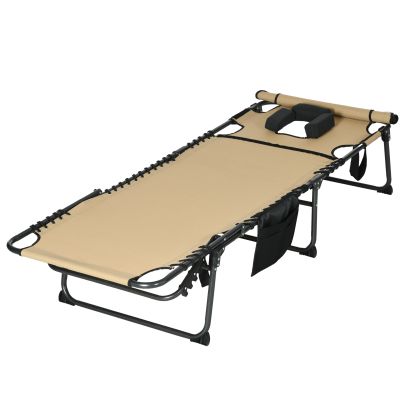 Outsunny Folding Sun Lounge with 5 level Reclining Back, Outdoor Tanning Chair with Reading Hole, Outdoor Sun Lounge with Side Pocket, Headrest, for Beach, Yard, Patio, Beige