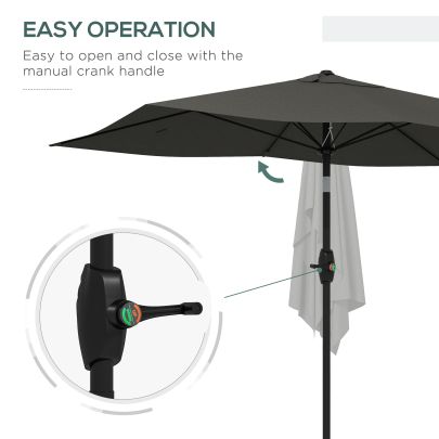 Outsunny 2 x 3m Garden Parasol Umbrella, Rectangular Outdoor Market Umbrella Sun Shade with Crank & Push Button Tilt, 6 Ribs, Aluminium Pole, Dark Grey
