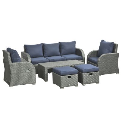 Outsunny Six piece Outdoor Rattan Dining Set, with Reclining Armchairs Blue