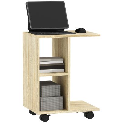 HOMCOM C Shape End Table Unique Storage Unit w 2 Shelves 4 Wheels Freestanding Home Office Furniture Cabinet Square Studio Natural