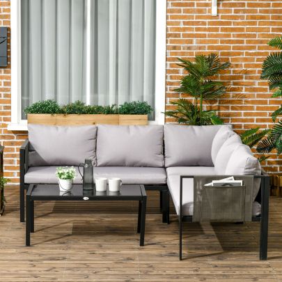Outsunny 4 Piece Garden Furniture Set Metal Sofa Set w/ Tempered Glass Coffee Table, Conversational Corner Sofa Loveseat w/Padded Cushions Light Grey