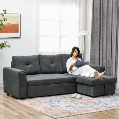 HOMCOM 3 Seater Sofa Bed, L Shaped Corner Sofa, Pull Out Sofa with Storage, Convertible Click Clack Settee Sectional Sleeper Futon for Living Room, Office, Dark Grey