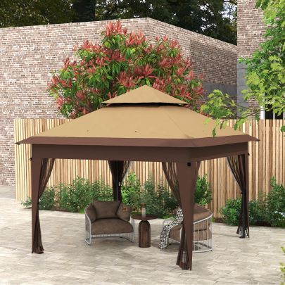 Outsunny 3 x 3m Pop Up Gazebo with Mosquito Netting, 1 Person Easy up Marquee Party Tent with 1 Button Push, Double Roof, Carry Bag, Sandbags, Height Adjustable Instant Shelter, Khaki