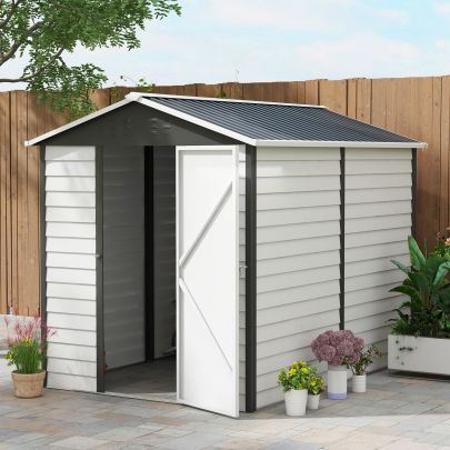 Outsunny 9x 6FT Metal Outdoor Garden Shed, Galvanised Tool Storage Shed w Sloped Roof, Lockable Door for Patio Lawn, Dark Grey