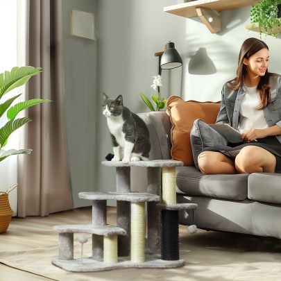 PawHut 2 in 1 Cat Tree, Pet Stairs w Scratching Post, Toy Balls, for Bed, Sofa, Couch, Light Grey