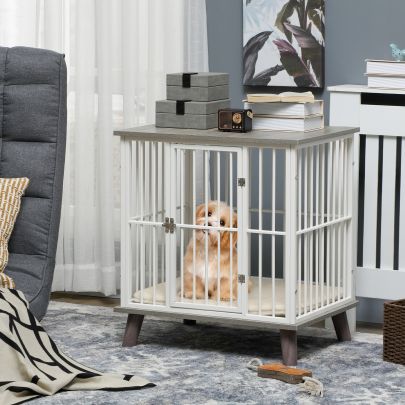 PawHut Dog Crate Furniture, Indoor Pet Kennel Cage, Top End Table w Soft Cushion, Lockable Door, for Small Dogs, 64.5 x 48 x 70.5 cm Grey