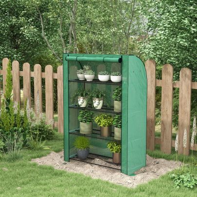 Outsunny 4 Tier Mini Greenhouse with Reinforced PE Cover, Portable Green House w/ Roll-up Door and Wire Shelves, 170H x 120W x 50Dcm, Green