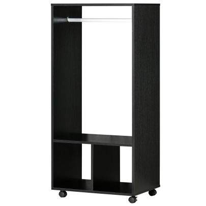  Rolling Open Wardrobe w/ Hanging Rod Storage Shelves Closet Organizer, Black