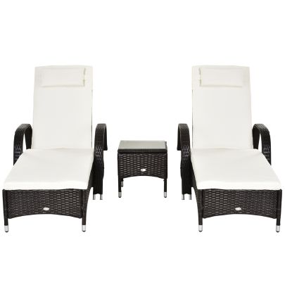  2 Seat Rattan Reclining Sun Lounger with Side Table Set Brown