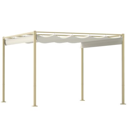 Outsunny 3 x 3m Garden Pergola with Retractable Roof and Magnetic Fixture, Outdoor Gazebo Pergola Kit Sun Shade Canopy, UPF30+, Khaki