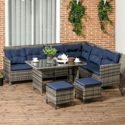 Outsunny 7 Seater Patio wicker Sofa Set Rattan Chair Furniture w Glass & Cushioned, Dark Blue
