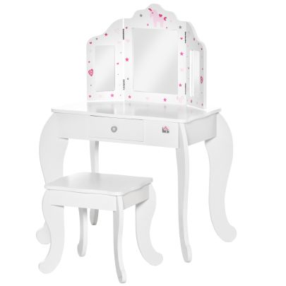  Kids Vanity Table & Stool Girls Dressing Set with Rotatable Mirror Drawer