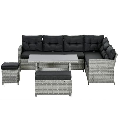 Outsunny 5 Piece Rattan Patio Furniture Set with Corner Sofa, Footstools, Glass Coffee Table, Cushions, Mixed Grey
