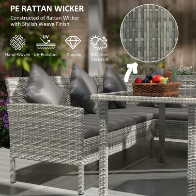 Outsunny tsunny 6 Seater Rattan Dining Set Sofa Table Footstool Outdoor w Cushion Garden Furniture, Dark Grey