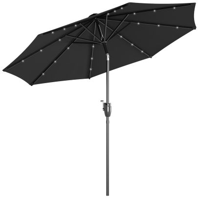 Outsunny ?2.7m Garden Parasol Solar Outdoor Tilt Sun Umbrella Patio Sun Shade w 24 LED Light, Hand Crank and 8 Ribs, Black