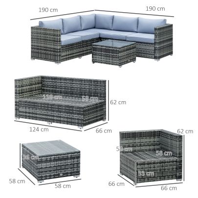 Outsunny 4 Pieces Rattan Garden Furniture Set, Wicker Outdoor Furniture Set with Corner Sofa Loveseat Coffee Table Cushions, Conservatory Furniture Set for Patio Balcony Poolside, Grey