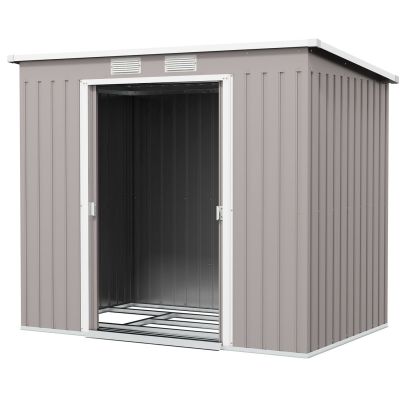Outsunny Outdoor Garden Metal Equipment Tool Storage Shed w/ Foundation, Double Door, Vents and Sloped Roof, Grey