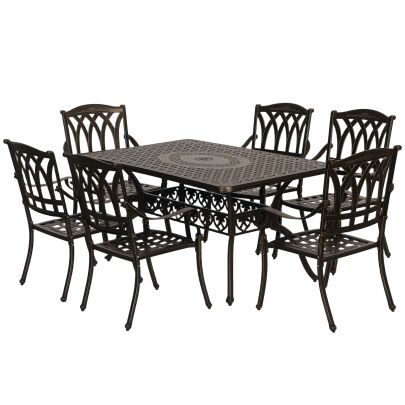 Outsunny Seven Piece Cast Aluminium Garden Dining Set Bronze Tone
