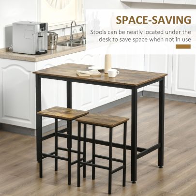 HOMCOM Industrial Bar Table Set, Breakfast Table with 2 Stools, 3 Piece Counter Height Dining Table & Chairs for Kitchen, Living Room, Rustic Brown