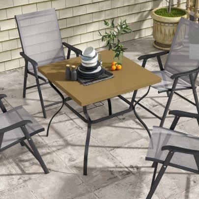 Outsunny Four Seater Steel Garden Table, with Parasol Hole Brown Black