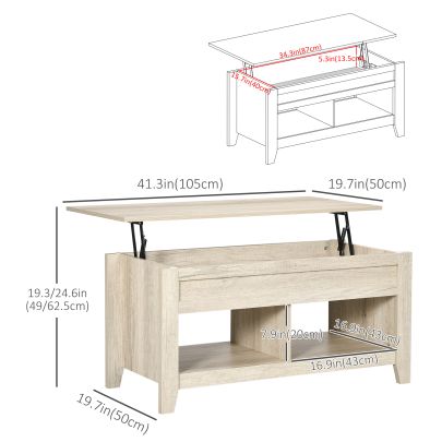 HOMCOM Lift Top Coffee Table w Hidden Storage Compartment Open Shelves Lift Tabletop Pop Up Centre Table for Living Room Oak Effect
