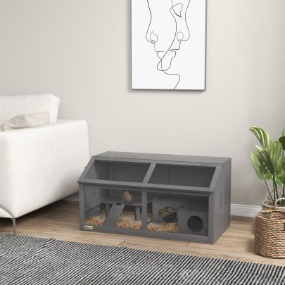 PawHut Hamster Cage, Wooden Small Animal Cage for Gerbils, Mice w Suspension Bridge, Openable Top, Hut, 85 x 45 x 44cm Grey