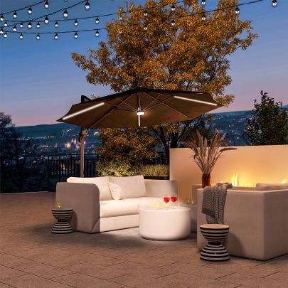 Outsunny Cantilever Parasol, with LED Lights and Cross Base Dark Grey