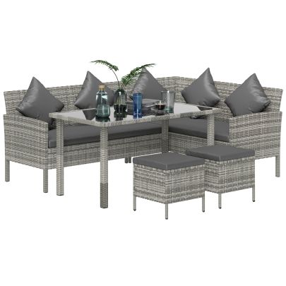 Outsunny tsunny 6 Seater Rattan Dining Set Sofa Table Footstool Outdoor w Cushion Garden Furniture, Dark Grey