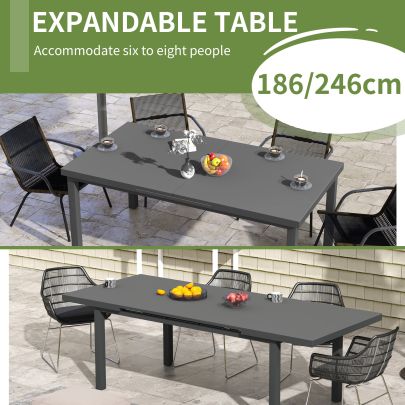 Outsunny Aluminium Garden Table for 6 8, Extending Outdoor Dining Table Rectangle for Lawn Balcony Charcoal Grey