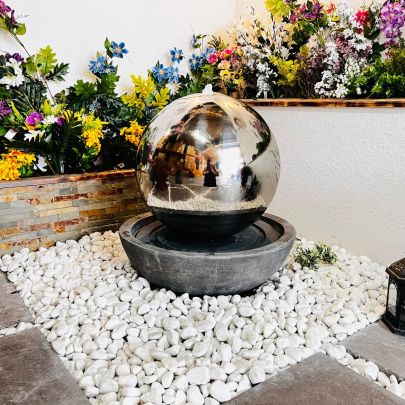 Large Stainless Sphere Resin Base Modern Metal Water Feature