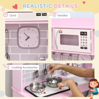 HOMCOM Kids Kitchen Playset, with Lights, Sounds, Microwave, Sink and Storage Pink