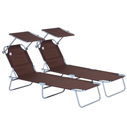 Outsunny 2 Pcs Outdoor Foldable Sun Lounger Set w/ Removeable Shade Canopy, Patio Recliner Sun Lounger w/ Adjustable Backrest w/ Mesh Fabric, Brown