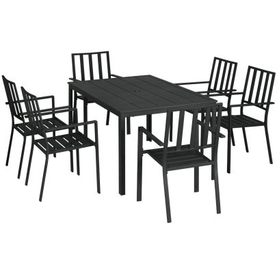 Outsunny Seven Piece Minimal Metal Garden Dining Set, with Parasol Hole Black