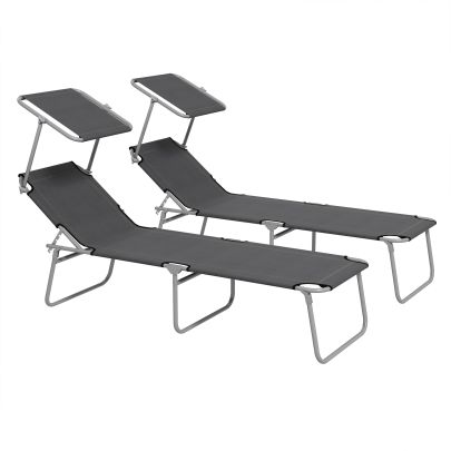 Outsunny Outdoor Foldable Sun Lounger Set of 2, 4 Level Adjustable Backrest Reclining Sun Lounger Chair with Angle Adjust Sun Shade Awning for Beach, Garden, Patio, Grey
