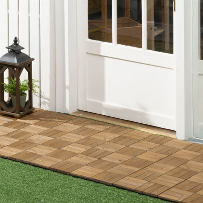 Outsunny 27 Pcs Wooden Interlocking Decking Tiles, Outdoor Flooring Tiles for Patio, Balcony Terrace Hot Tub 30 x 30 cm per Piece 2.5? per Pack Brown