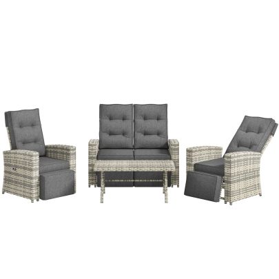 Outsunny 4 Piece Rattan Garden Furniture Set Outdoor Sofa Sectional Set with Glass Top Table for Poolside, Light Grey