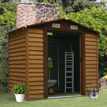7.7 x 6.4ft Slatted Steel Garden Shed & Foundation Brown