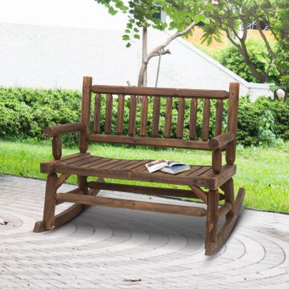 2 Seat Rocking Bench Wood Frame Rough Cut Log Loveseat Slatted Dark Stain Brown