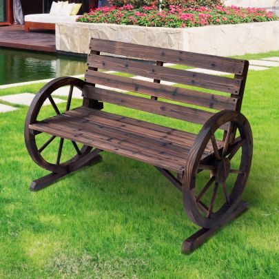 Wagon Wheel Chair Bench Armrest Rustic Loveseat Wood Outdoor Garden