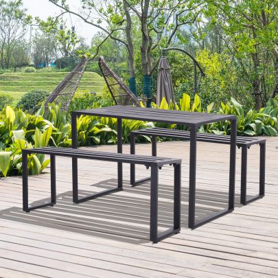 3 Pcs Metal Table W & Bench Set Black