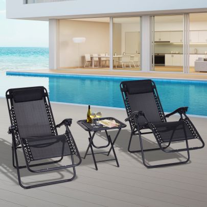 2 Pcs Zero Gravity Chairs Inc Sides Table Steel Frame Texteline Black