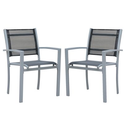 Set Of 2 Outdoor Chairs Square Steel Frame Texteline Mesh Seats Foot Caps Grey