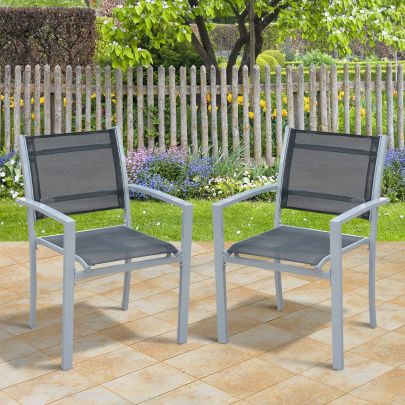 Set Of 2 Outdoor Chairs Square Steel Frame Texteline Mesh Seats Foot Caps Grey