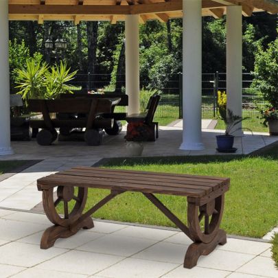 Rustic Wooden Bench Wheel Garden Chair Loveseat Outdoor Park Seat  Brown