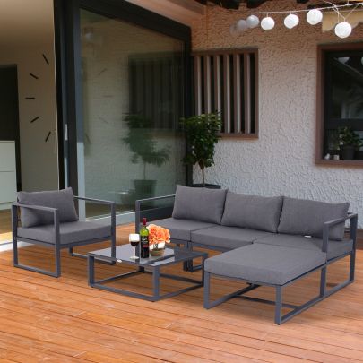 6 Pcs Sectional Sofa Set W & Cushions Aluminium Frame Tempered Glass Grey