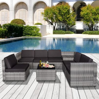 8 Pcs Rattan Sofa Furniture Set Inc Cushions Steel Frame Grey