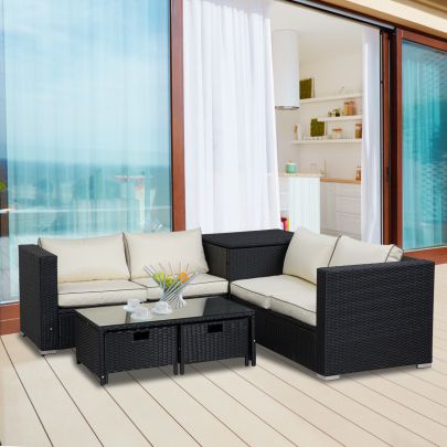 4 pcs Rattan Furniture Sofa Storage Table Set Inc 2 Drawers Corner Table Black