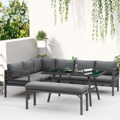 Outsunny?4?Piece?L-shaped Garden Furniture Set 8-Seater Aluminium Outdoor Dining Set Conversation Sofa Set w/ Bench, Dining Table & Cushions,?Grey
